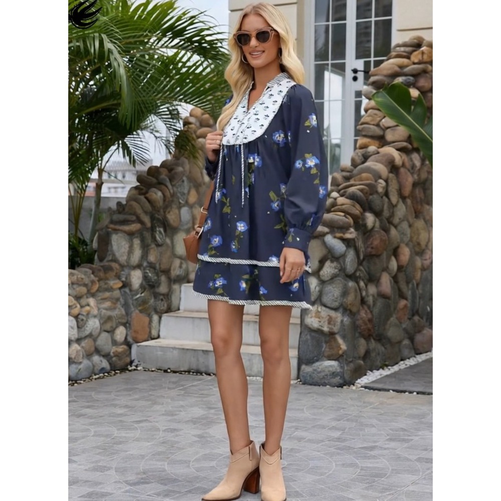 NEW Wenrine Women Medium Mini Dress Floral Bib Tie Neck Long Sleeve Blue Cottage